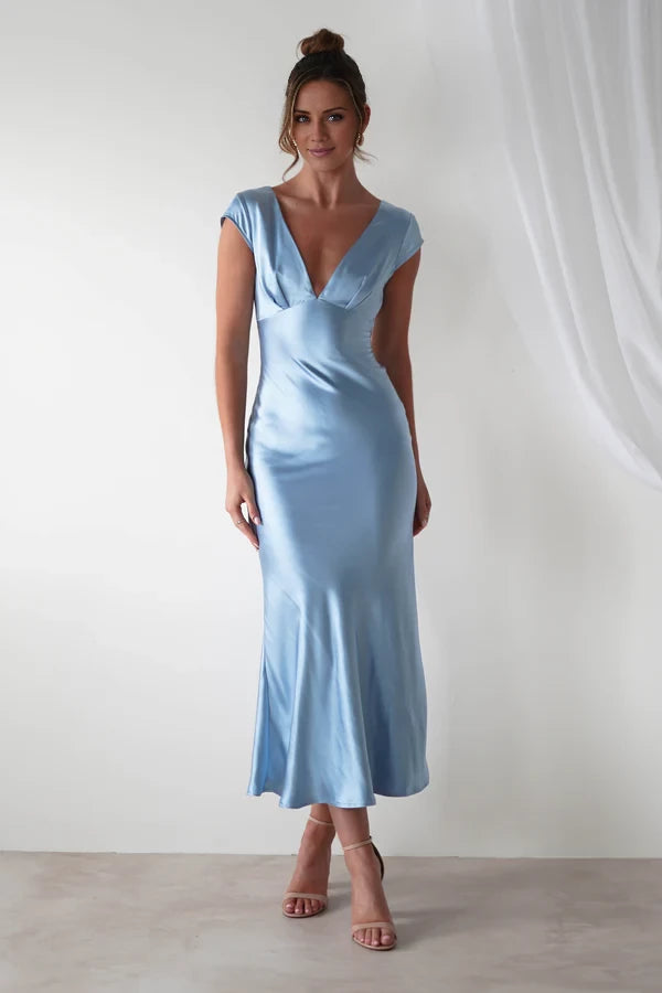 Elegant Sheath V-neck Short Sleeved Back Zip Satin Ankle-Length Prom dress